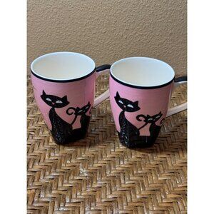 Vintage Hews And Brews Coffee Tea Cups Mugs Pink Siamese Cats Set Of 2